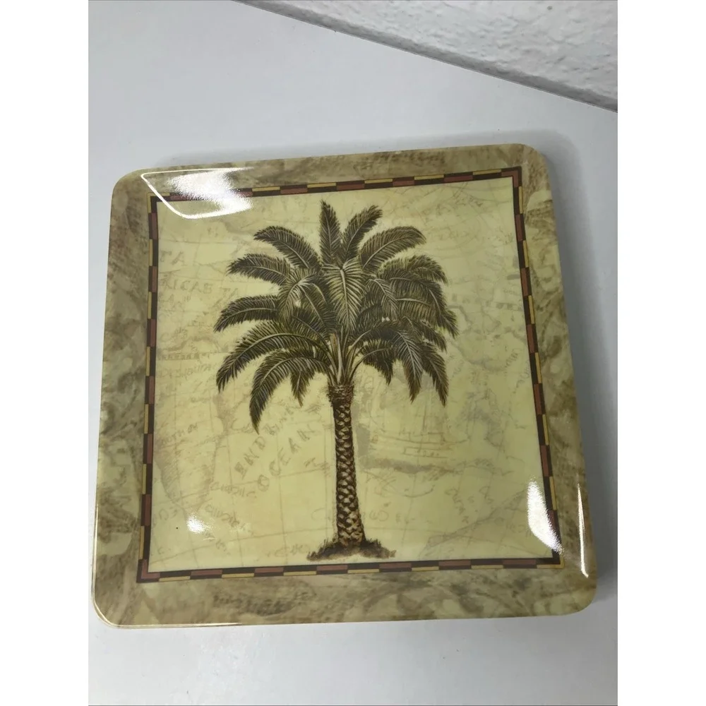 VTG Tropical Palm Tree Square Plates Set Of 8 Chad Barrett Art Melamine 6 Inch